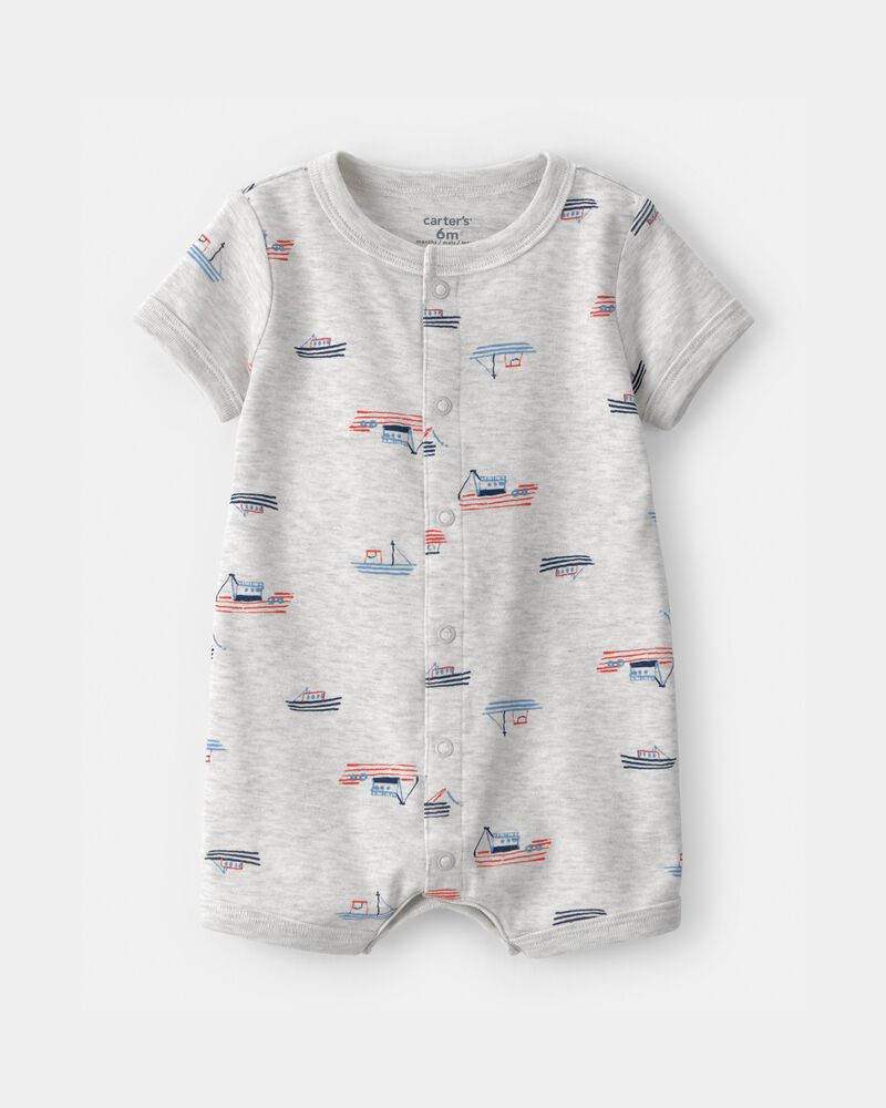 B&eacute;b&eacute; gar&ccedil;on - Barboteuse &agrave; manches courtes, motif bateau - Gris, image 1 sur 2 diapositives