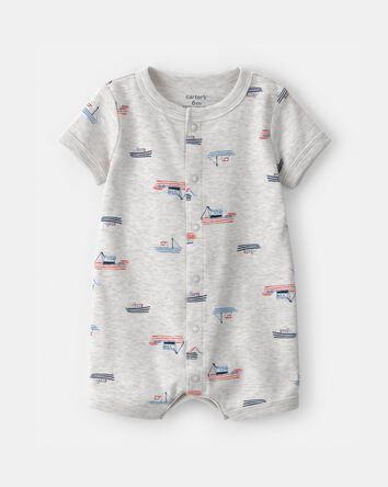 B&eacute;b&eacute; gar&ccedil;on - Barboteuse &agrave; manches courtes, motif bateau - Gris, 