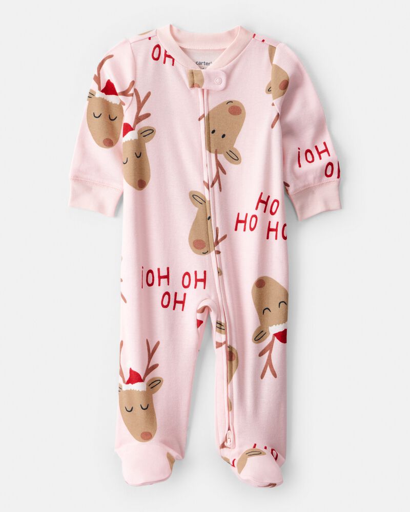 Baby Girl Reindeer 100% Cotton Snug Fit 2-Way Zip Sleeper - Pink, image 1 of 4 slides