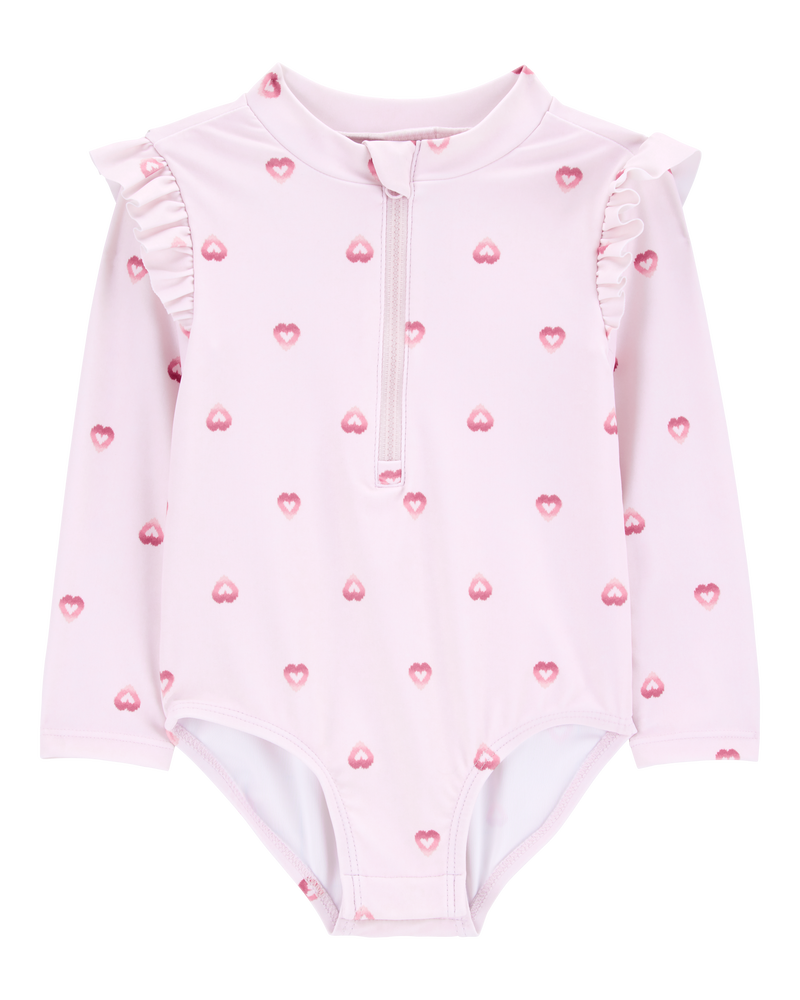 Baby 1-Piece Heart-PrintLong-Sleeve Rashguard Swimsuit - Pink, image 1 of 5 slides