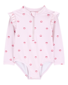 Baby 1-Piece Heart-PrintLong-Sleeve Rashguard Swimsuit - Pink, image 1 of 5 slides