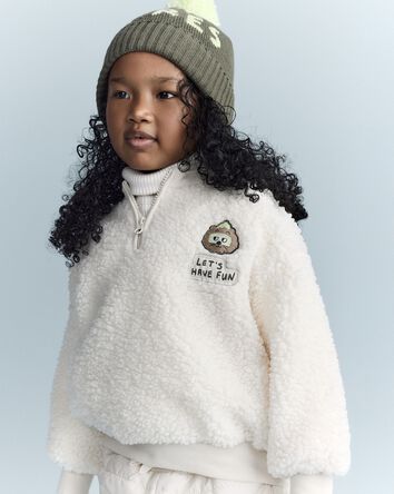 Toddler Let's Have Fun'  Sherpa Quarter-Zip Sweatshirt - Cream, 
