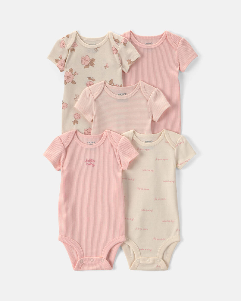 Baby Girl 5-Pack Floral Short-Sleeve Bodysuits - Pink/Ivory, image 1 of 7 slides