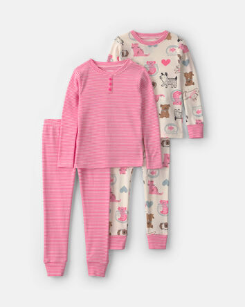 Baby Girl 4-Piece Pets 100% Cotton Snug Fit Pyjama Set - Pink/Cream, 