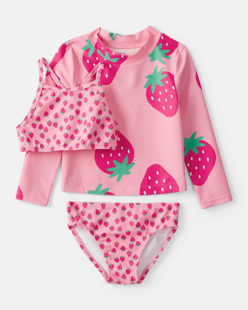 Toddler Girl 3-Piece Strawberry Rashguard Swimsuit Set - Pink, image 1 of 6 slides