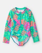 Girls Tropical Long-Sleeve 1-Piece Rashguard Swimsuit - Teal, image 1 of 4 slides