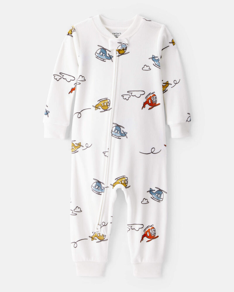 Toddler Boy Helicopter Print DreamPlush Snug Fit Long-Sleeve 2-Way Zip 1-Piece Pyjamas - White, image 1 of 3 slides
