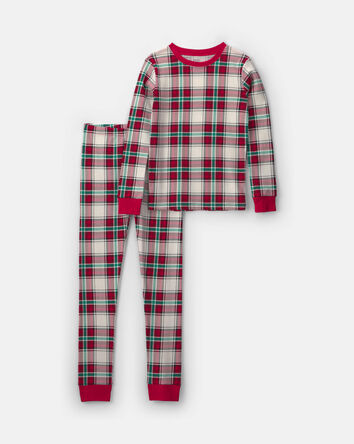 Kids 2-Piece Christmas Plaid 100% Cotton Snug Fit Pyjama Set - Red/Green, 
