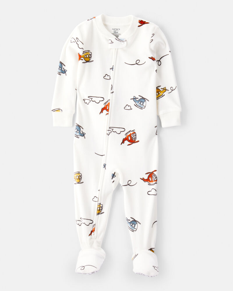 Baby Boy Helicopter Print DreamPlush Snug Fit Long-Sleeve 2-Way Zip 1-Piece Pyjamas - White, image 1 of 4 slides