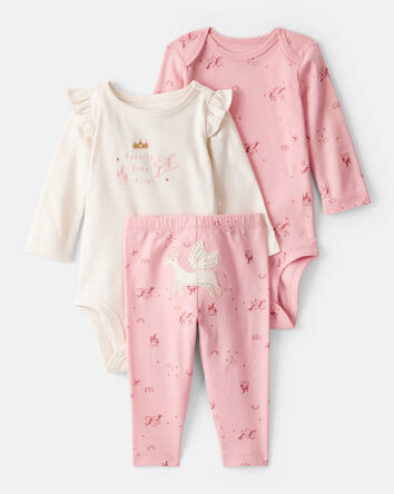Bébé fille - Ensemble 3 pièces cache-couches à manches longues en coton et pantalon à imprimé d’étoiles et de licorne - Rose/blanc, 