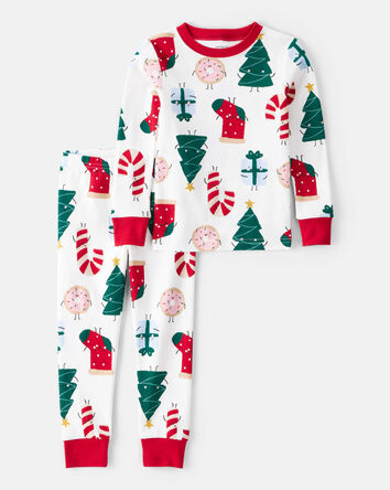 Toddler Santa Print 100% Cotton Long-Sleeve 2-Piece Pyjamas - White, 