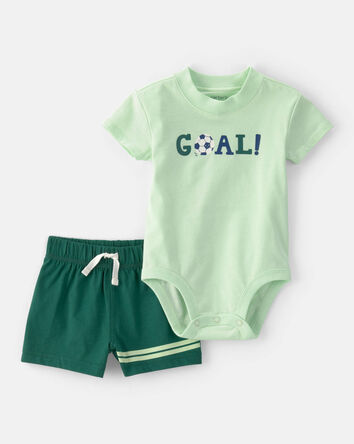 B&eacute;b&eacute; gar&ccedil;on - Ensemble 2 pi&egrave;ces cache-couches &agrave; manches courtes &laquo;Goal&raquo; et short &agrave; rayures &ndash; Vert, 