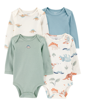 Baby Boy 4-Pack Long-Sleeve Dinosaur Bodysuits, 