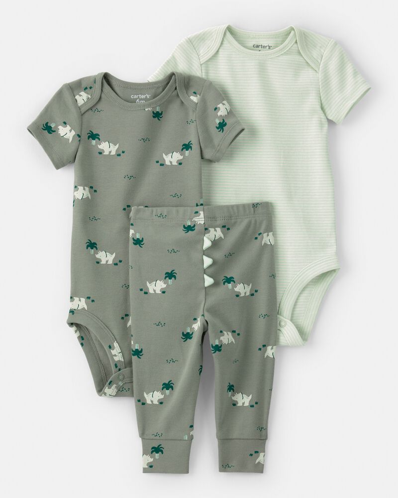 Baby Boy 3-Piece Dinosaur Bodysuits & Pant Set - Green, image 1 of 4 slides