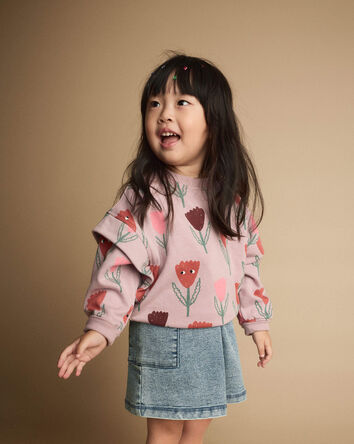 Toddler Girl Double Layer Pullover Sweatshirt in Tulip Print - Mauve, 