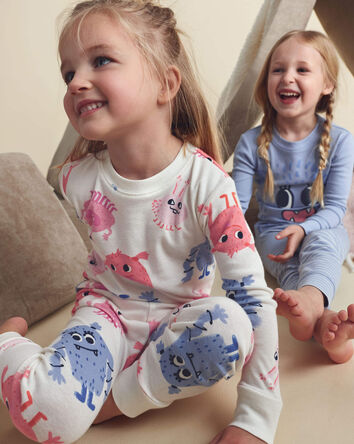 Tout-petit fille - Pyjama ajust&eacute; 4 pi&egrave;ces en 100 % coton &agrave; motif monstre - Bleu/Cr&egrave;me, 