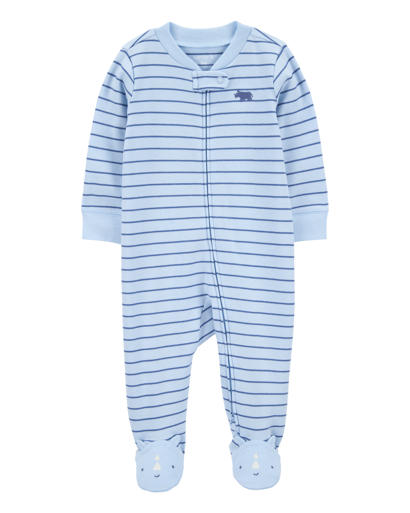 Baby Boy Rhino Striped 2-Way Zip Cotton Sleeper Pyjamas - Blue, image 1 of 4 slides