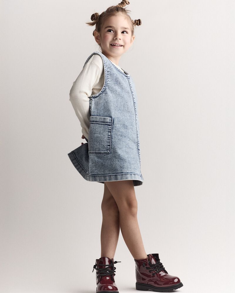 Toddler Girl Otter Pocket Denim Jumper in Avenue Wash - Blue, image 1 of 6 slides