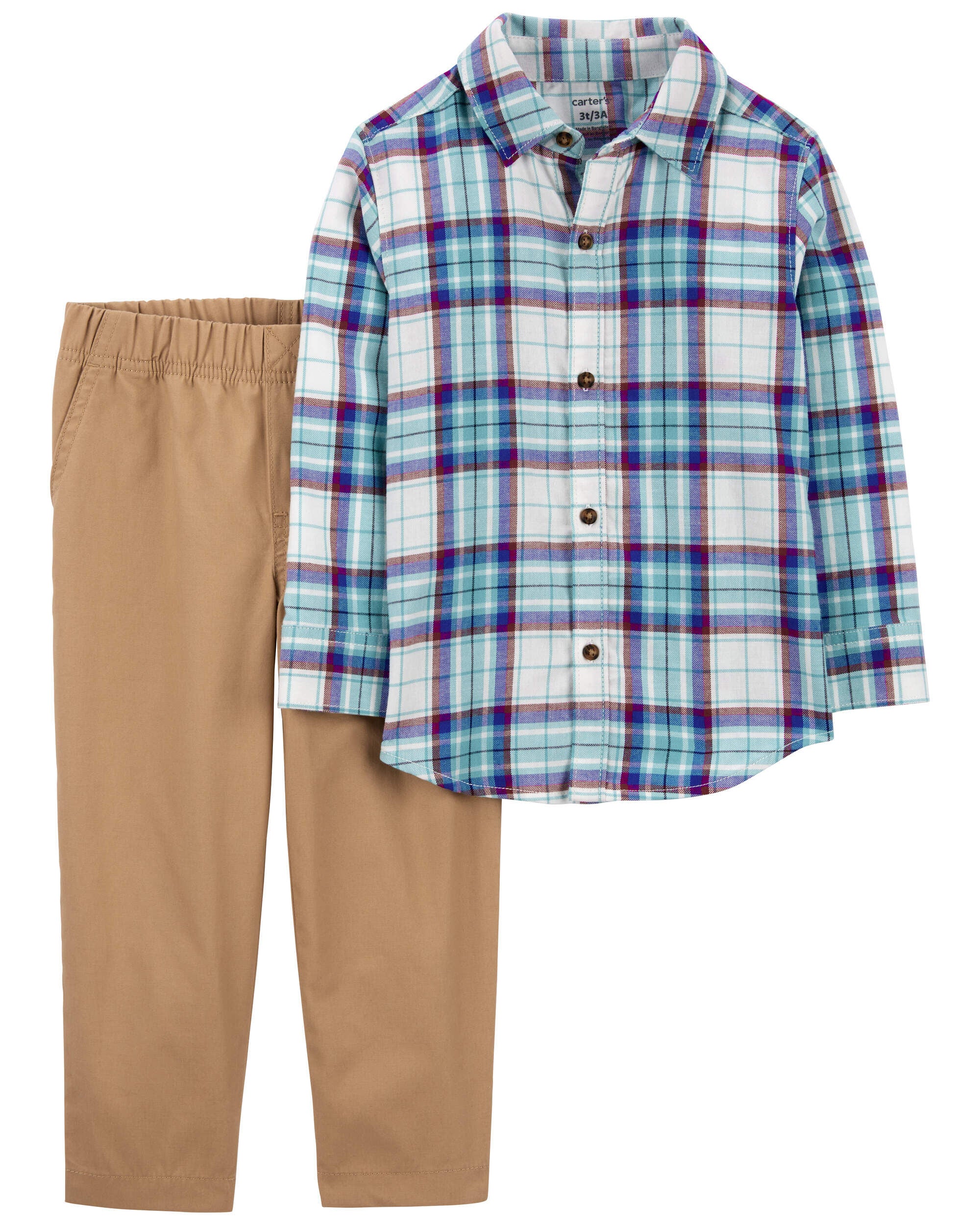 Toddler Boys Toddler 2 Piece Plaid Button Front Shirt Canvas Pant Set 3T Carter s