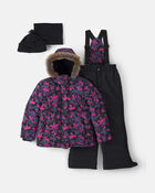 Girls 2 Piece  Floral Puffer Snowsuit- Black, image 1 of 13 slides