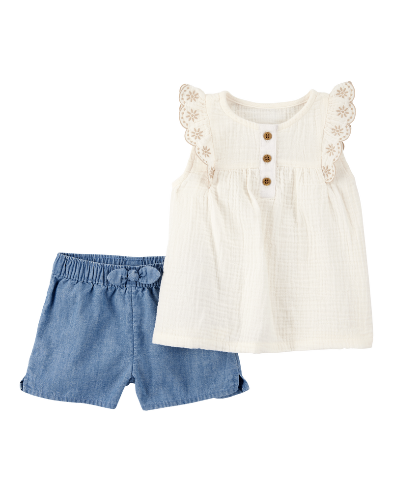Baby 2-Piece Eyelet-Sleeve Tank & Pull-On Chambray Short Set - Ivory/Chambray, image 1 of 3 slides