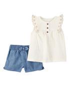 Baby 2-Piece Eyelet-Sleeve Tank & Pull-On Chambray Short Set - Ivory/Chambray, image 1 of 3 slides