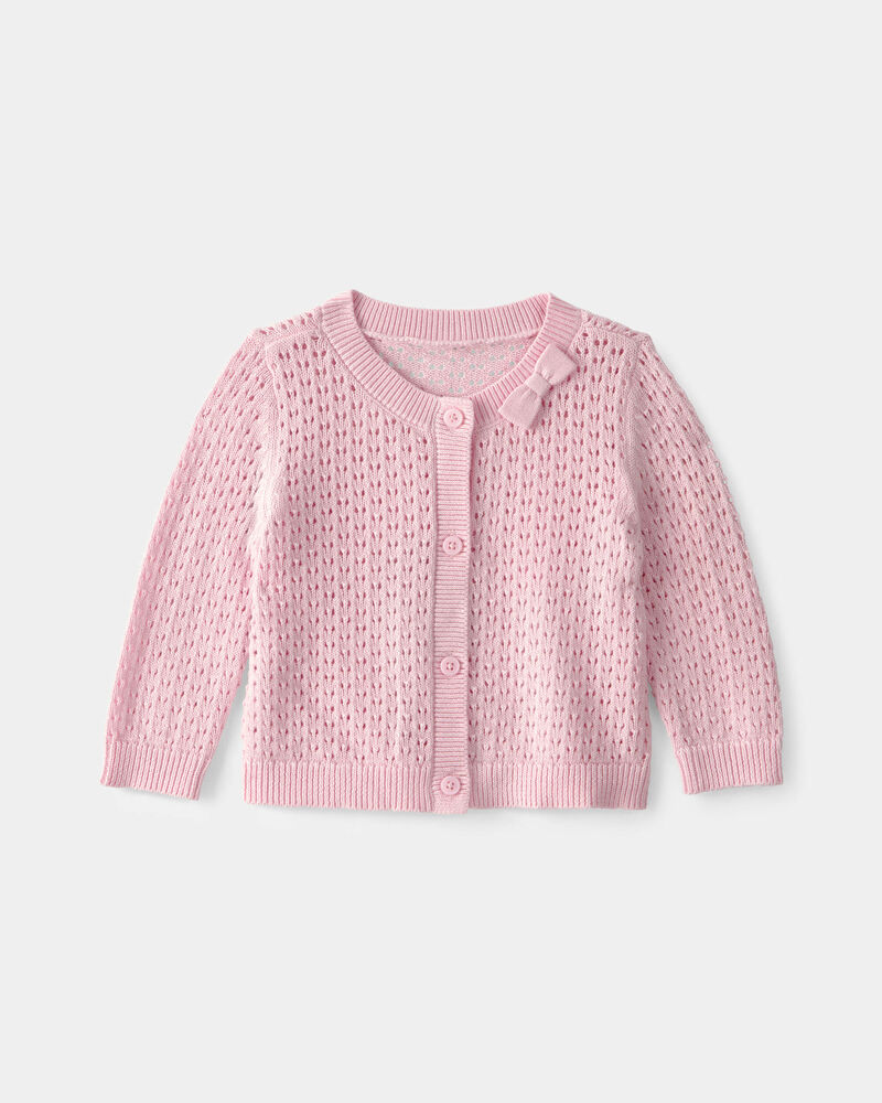 B&eacute;b&eacute; fille - Cardigan boutonn&eacute; en tricot ajour&eacute; avec n&oelig;ud - Rose, image 1 sur 3 diapositives