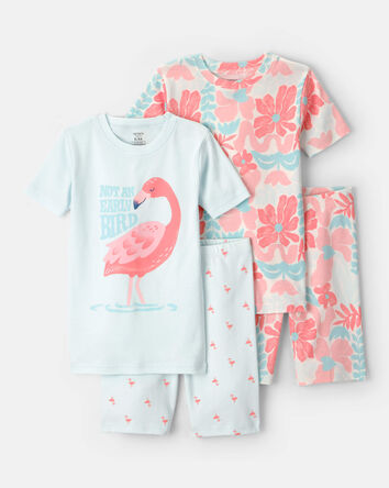 Girls Flamingo 100% Cotton Short-Sleeve Snug Fit 4-Piece pyjama Set - Pink/Blue, 