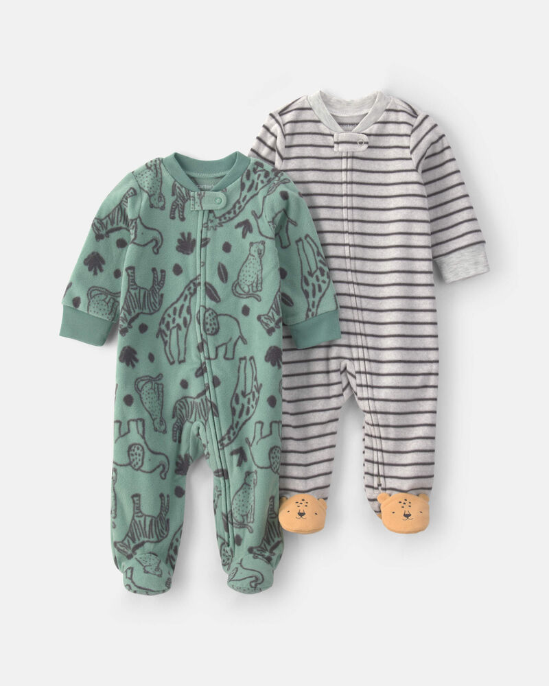 B&eacute;b&eacute; gar&ccedil;on - Emballage 2 grenouill&egrave;res en molleton &agrave; fermeture &agrave; glissi&egrave;re double sens &agrave; rayures et animaux du safari &ndash; Vert/Gris, image 1 sur 5 diapositives