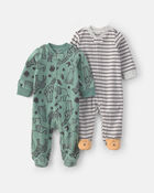 B&eacute;b&eacute; gar&ccedil;on - Emballage 2 grenouill&egrave;res en molleton &agrave; fermeture &agrave; glissi&egrave;re double sens &agrave; rayures et animaux du safari &ndash; Vert/Gris, image 1 sur 5 diapositives