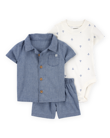 Baby 3-Piece Chambray Anchor Outfit Set - Blue, 