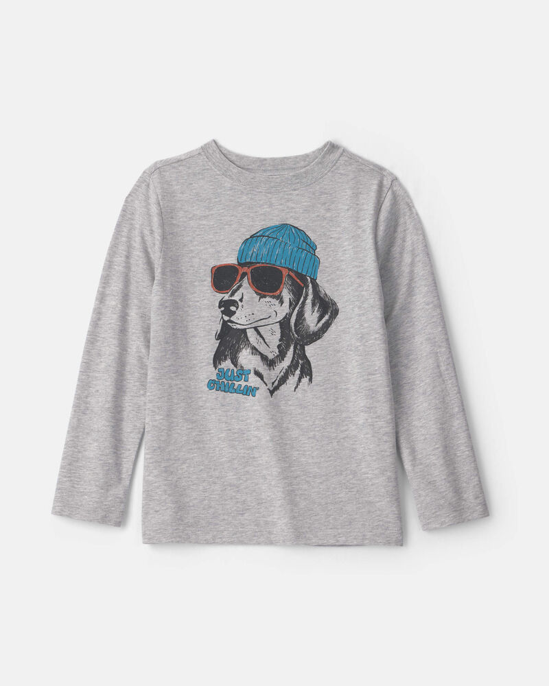 Boys Just Chillin' Dog Long-Sleeve Graphic Tee - Gray, image 1 of 3 slides