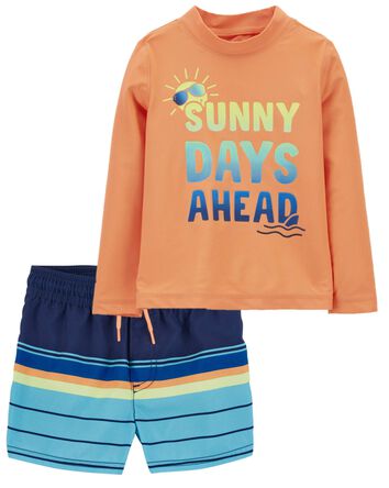 Toddler 2-Piece Sun Rays Rashguard & Stripe Swim Trunks Set, 