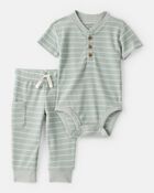 Baby Boy Stripe Thermal Bodysuit & Pant Set - Green, image 1 of 3 slides