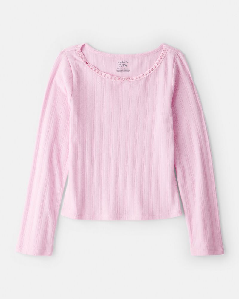 Girls Pointelle Long-Sleeve Top - Pink, image 1 of 4 slides