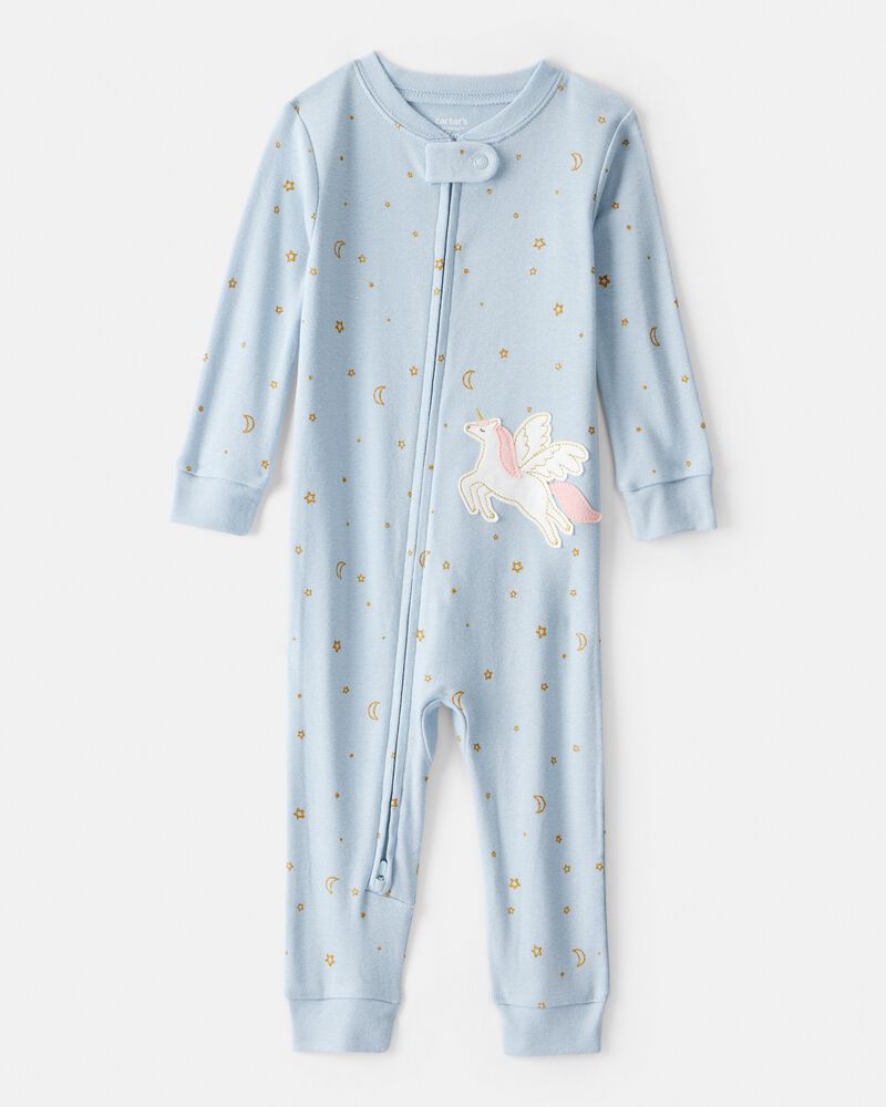 Toddler Girl Unicorn Star Print 100% Cotton Long-Sleeve 2-Way Zip 1-Piece Pyjamas - Blue, image 1 of 4 slides