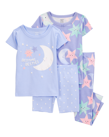 Enfant en bas âge Pyjama 4 pièces en coton ajusté à lune et étoiles, 