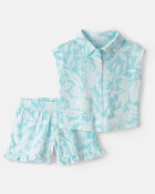 Filles - Ensemble haut &agrave; manches courtes et short en gaze, &agrave; fleurs - Bleu, image 1 sur 2 diapositives