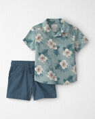 Toddler Boy 2-Piece Linen Top & Short Set Made with Organic Cotton in Blue Hibiscus, image 1 of 5 slides