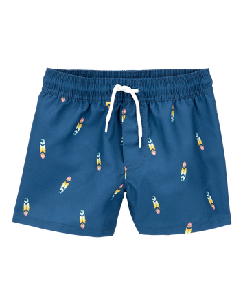 Toddler Surfboard-Print Pull-On Swim Trunks, 