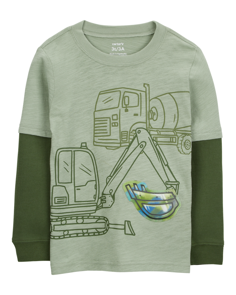 Toddler Construction Cotton Blend Long-Sleeve Tee - Green, image 3 of 5 slides
