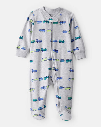 B&eacute;b&eacute; gar&ccedil;on - Grenouill&egrave;re ajust&eacute;e &agrave; manches longues en coton &agrave; imprim&eacute; de trains - Gris, 