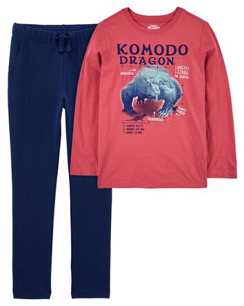 Ensemble t-shirt à imprimé de varan de Komodo et pantalon en jersey bouclette pour tout-petits, 