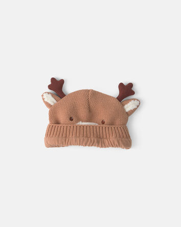 Baby Reindeer Christmas Knit Hat - Brown, 