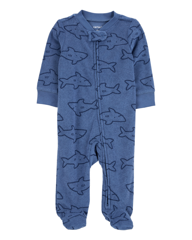 Baby Shark Print 2-Way Zip Terry Sleeper Pyjamas - Navy, image 1 of 3 slides