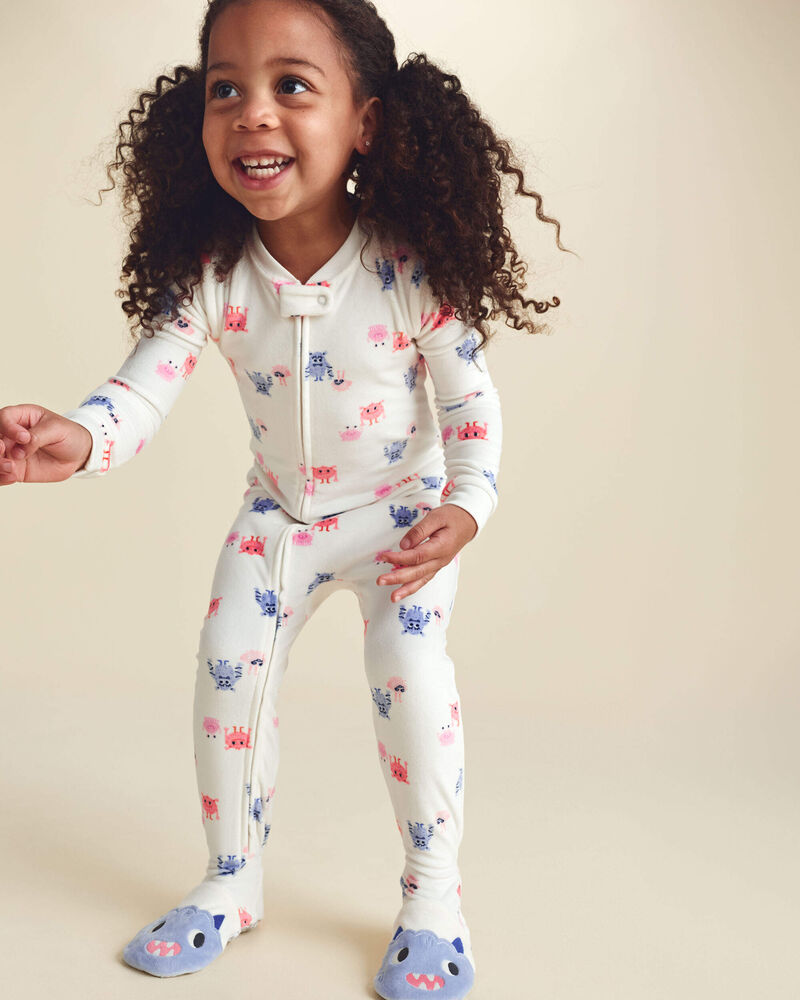 Toddler Girl 1-Piece Monster DreamPlush Snug Fit Footed Pyjama - Cream, image 3 of 8 slides