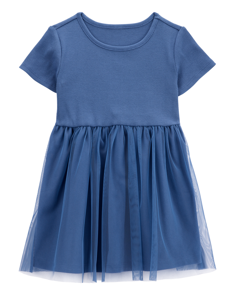 Enfant en bas âge Robe de couleur unie à manches courtes - Bleu marine, image 1 sur 4 diapositives