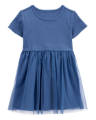 Enfant en bas âge Robe de couleur unie à manches courtes - Bleu marine, image 1 sur 4 diapositives