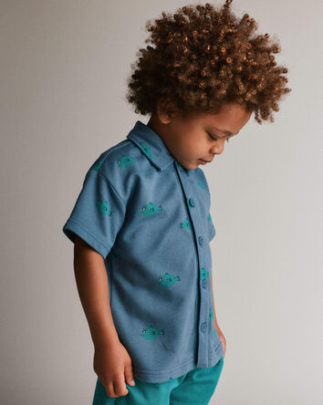 Toddler Boy Button-Down Short-Sleeve Shirt in Fish Print - Slate, 