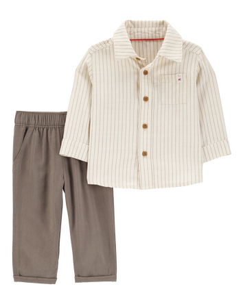 Baby 2-Piece Striped Linen Look-alike Shirt & Pull-On Pant Set - Ivory/Brown, 
